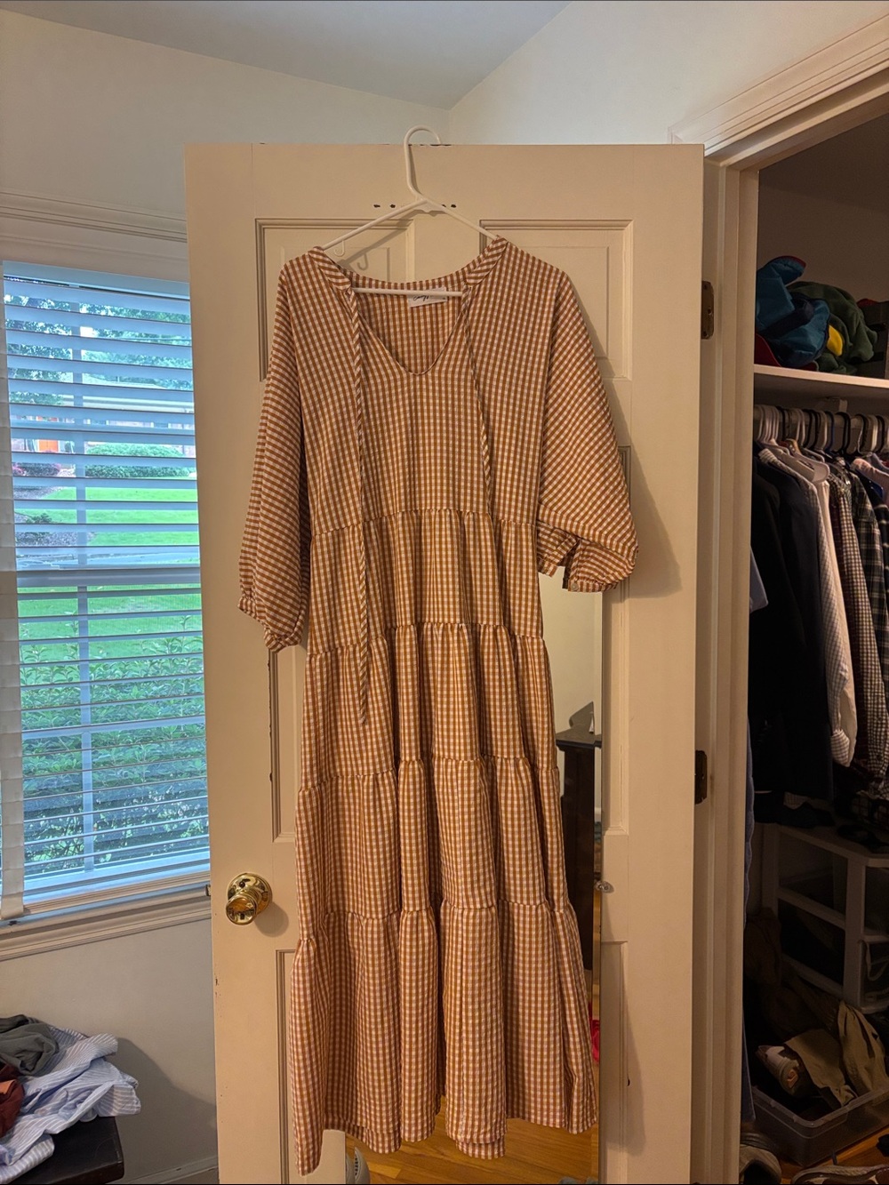 Carly Jean Los Angeles Beige Gingham Tiered Maxi Dress